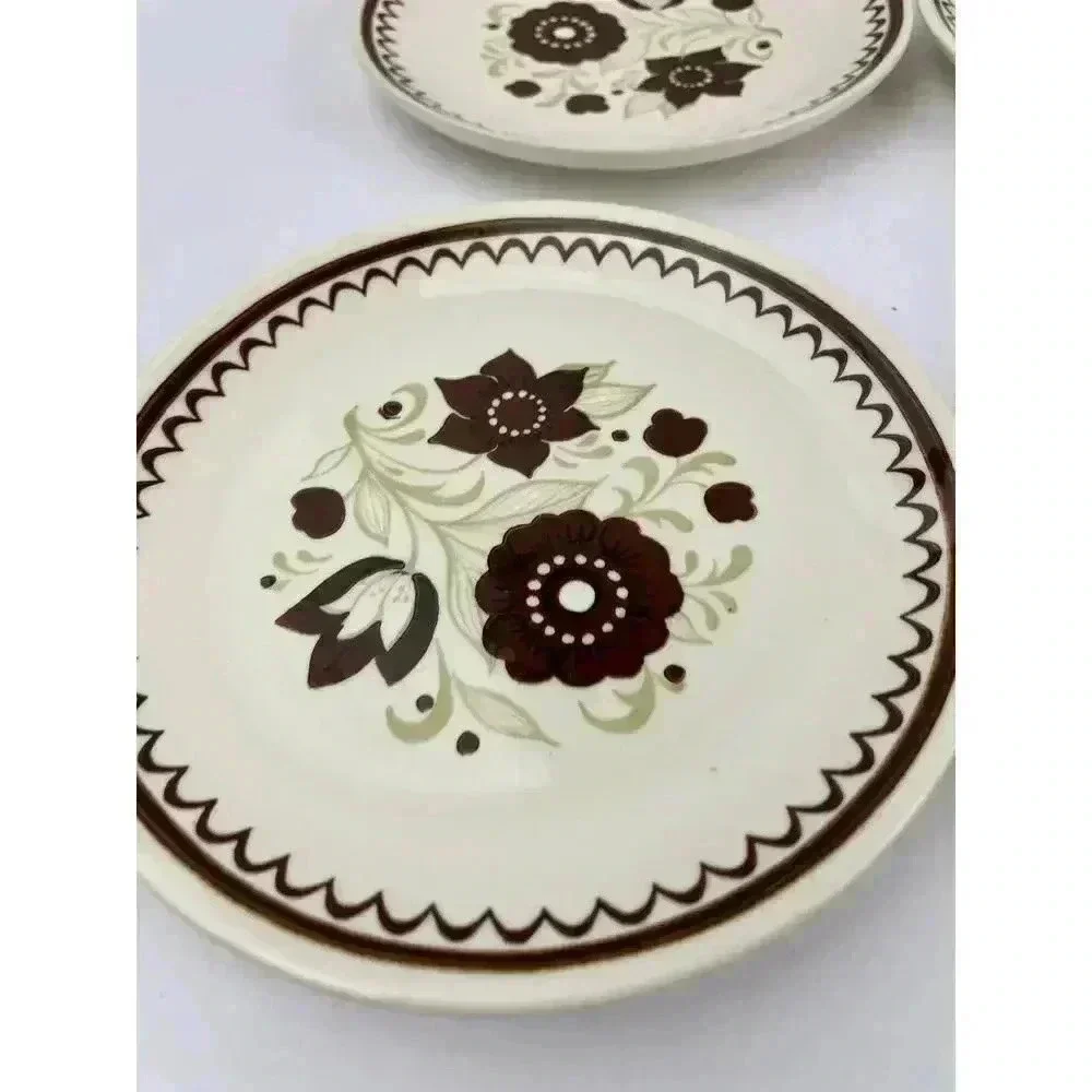 VTG Set of 6 1970's Floral Dessert Plate Brown‎ Tan Flowers 6